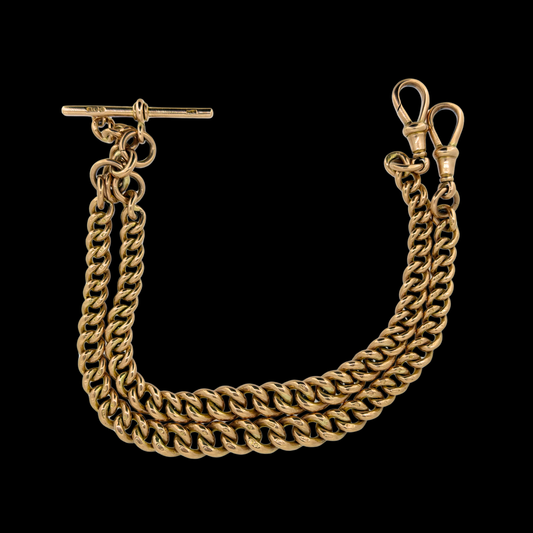 9ct Yellow Gold Double Albert Chain 20 Inch 63g T Bar Pocket Watch Chain
